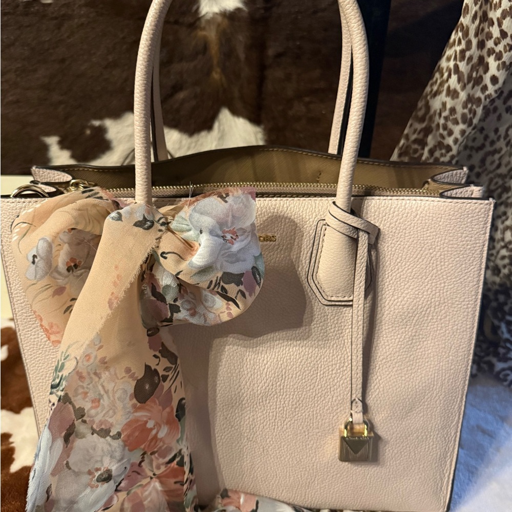 Michael Kors Blush Pink Pebbled Leather Tote with Floral Scarf